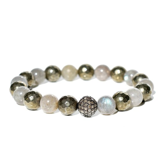925 Sterling Silver Rose Cut Natural Diamond/Labradorite Pyrite Stretch Bracelet - Picture 1 of 5